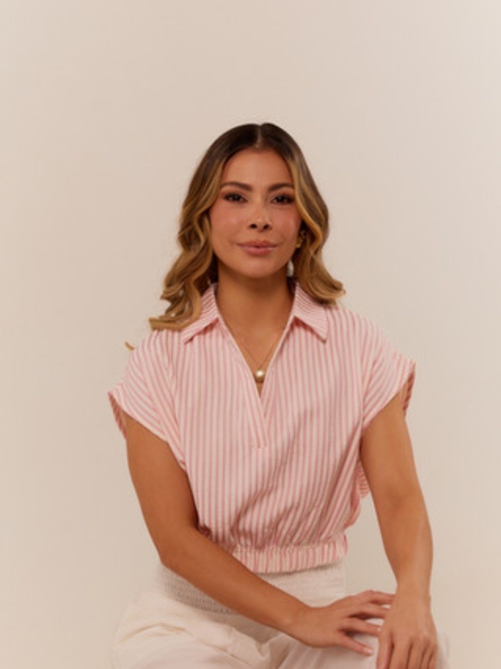Altar'd State Pink & White Striped Short Sleeve Collared Top
